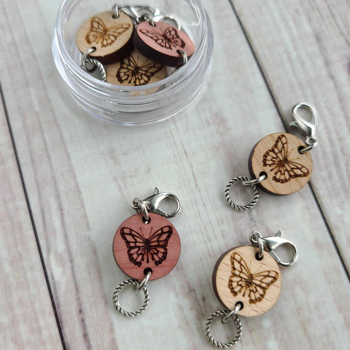 Butterfly Stitch Marker and Progress Keeper Earrings - Cedar, Cherry, and Beech