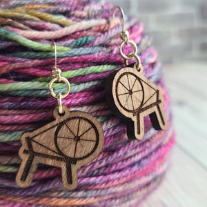 Spining Wheel Earrings - Beech or Walnut - Gift for Spinner, Knitter, or Crocheter