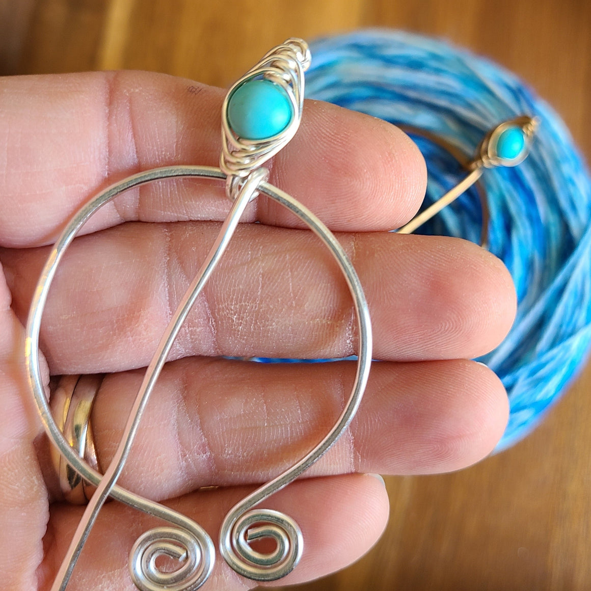 Turquoise Penannular Shawl Pin in Silver or Vintage Bronze
