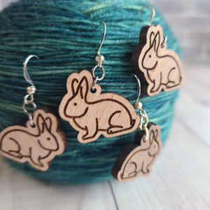 Rabbit Earrings - Beech or Walnut - Gift for Knitter, Crocheter, Spinner, or Weaver