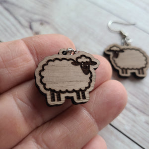 Sheep Earrings - Beech or Walnut - Gift for Knitter, Crocheter, Spinner, or Weaver