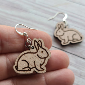 Rabbit Earrings - Beech or Walnut - Gift for Knitter, Crocheter, Spinner, or Weaver