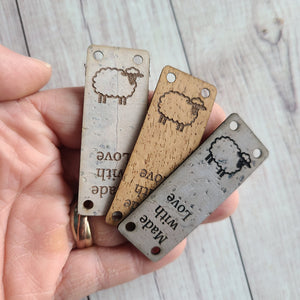 Sew On Made with Love Tags Sheep, Stitched Heart, or Yarn Love - Cork