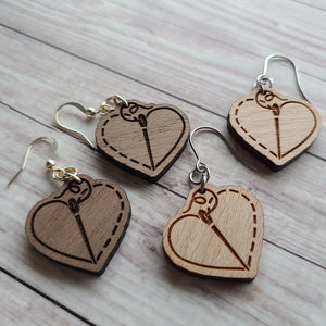 Stitch Love Earrings - Beech or Walnut - Gift for Knitter, Crocheter, Sewist, Quilter, Embroiderer, or Cross Stitcher