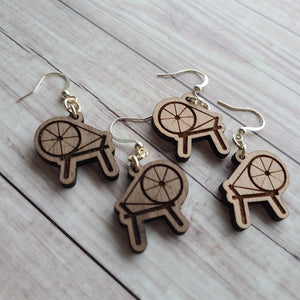 Spining Wheel Earrings - Beech or Walnut - Gift for Spinner, Knitter, or Crocheter