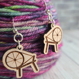 Spining Wheel Earrings - Beech or Walnut - Gift for Spinner, Knitter, or Crocheter
