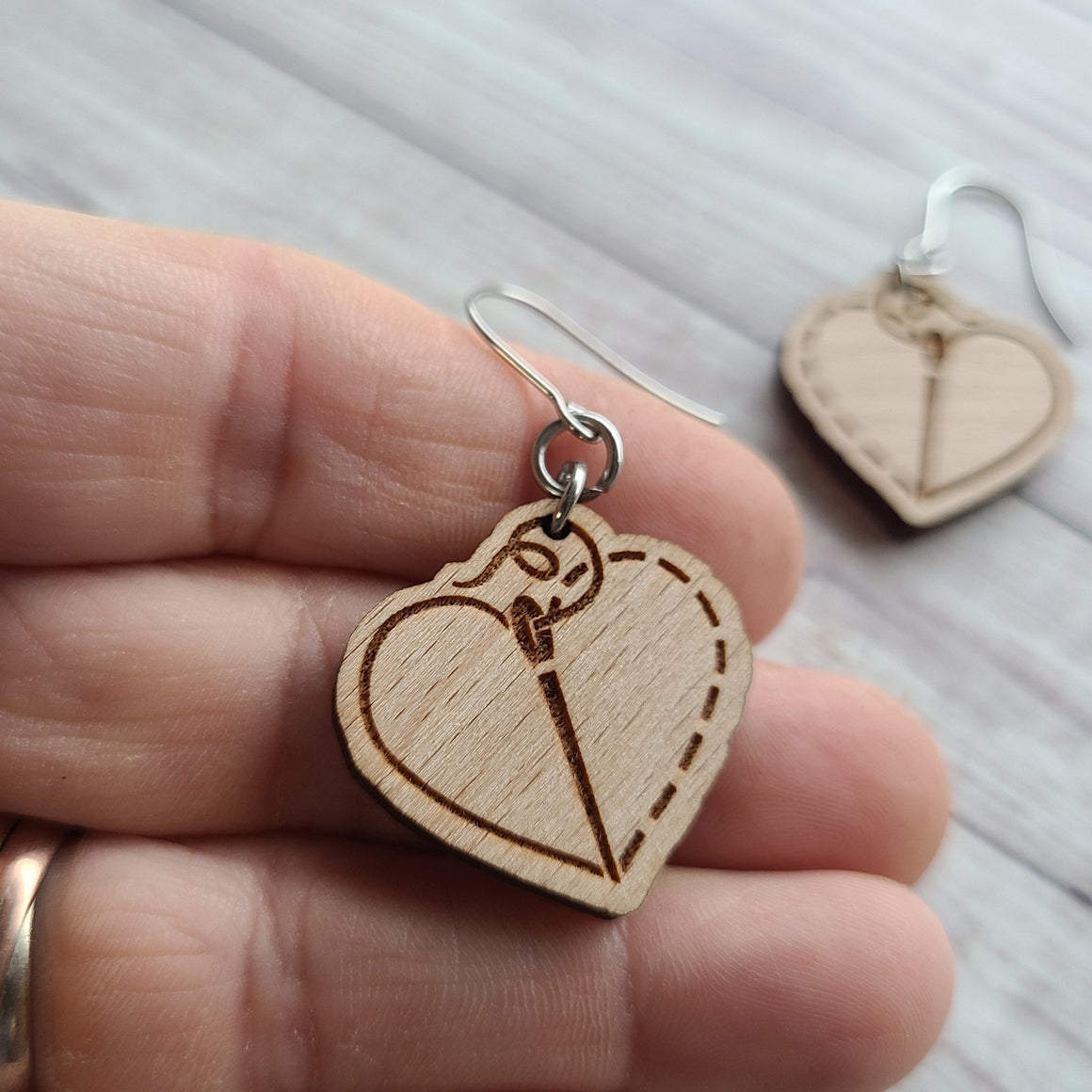 Stitch Love Earrings - Beech or Walnut - Gift for Knitter, Crocheter, Sewist, Quilter, Embroiderer, or Cross Stitcher