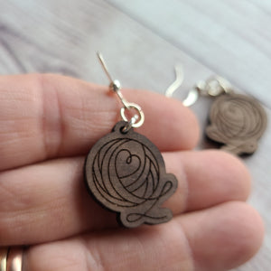 Yarn Love Earrings - Beech or Walnut - Gift for Knitter, Crocheter, Weaver, or Spinner