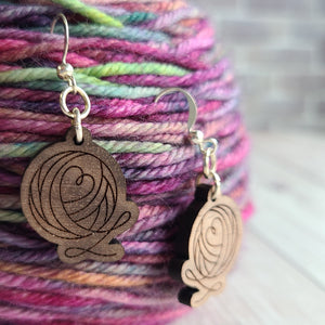 Yarn Love Earrings - Beech or Walnut - Gift for Knitter, Crocheter, Weaver, or Spinner