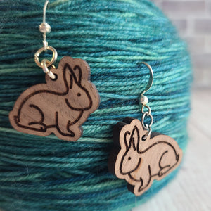 Rabbit Earrings - Beech or Walnut - Gift for Knitter, Crocheter, Spinner, or Weaver