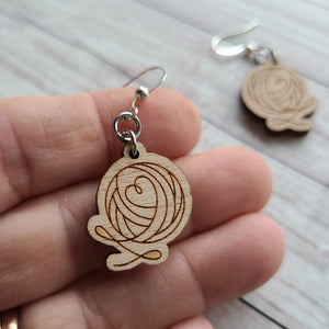 Yarn Love Earrings - Beech or Walnut - Gift for Knitter, Crocheter, Weaver, or Spinner