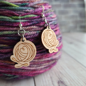 Yarn Love Earrings - Beech or Walnut - Gift for Knitter, Crocheter, Weaver, or Spinner