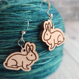 Rabbit Earrings - Beech or Walnut - Gift for Knitter, Crocheter, Spinner, or Weaver