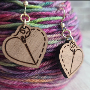 Stitch Love Earrings - Beech or Walnut - Gift for Knitter, Crocheter, Sewist, Quilter, Embroiderer, or Cross Stitcher