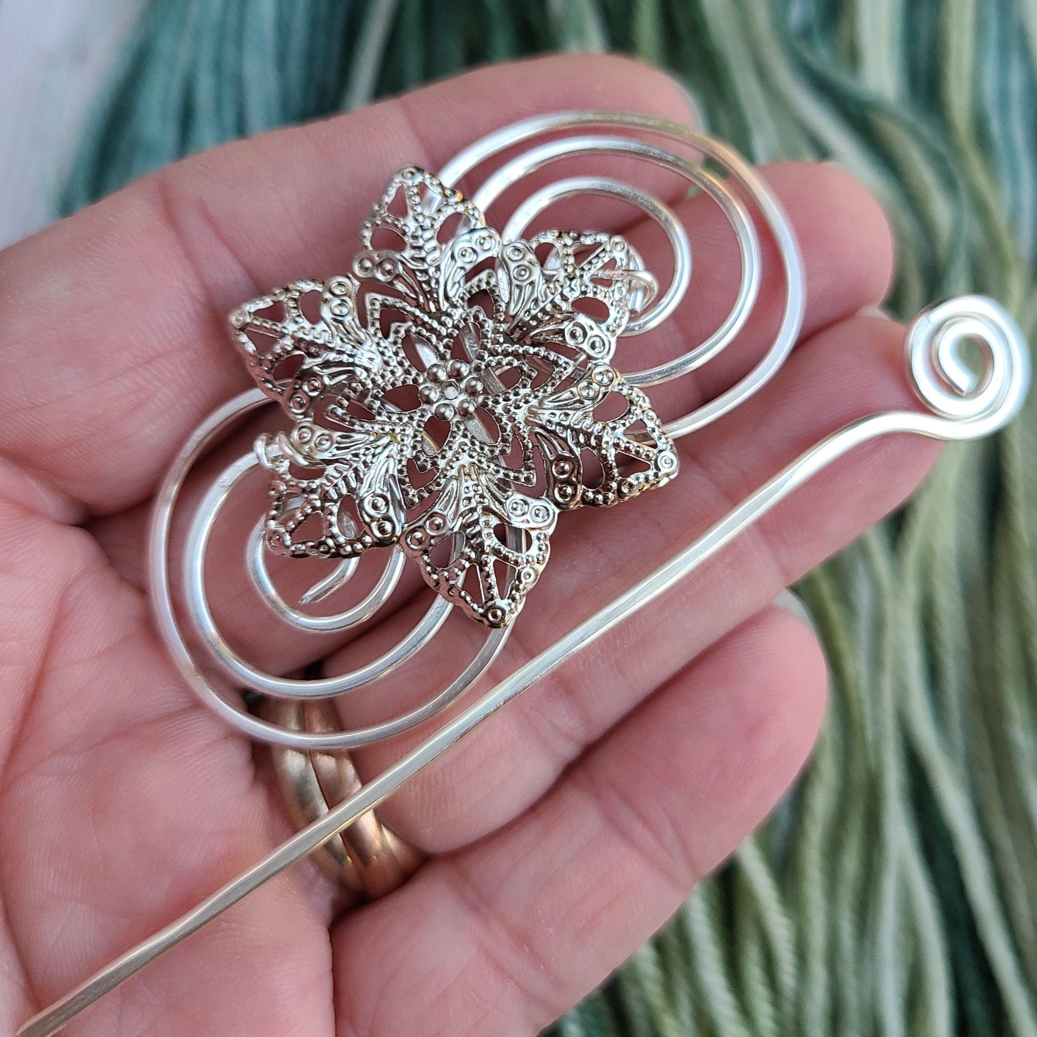 Mix metal penannular shawl pin with flower, Copper shawl pin, Cardigan  clasp, Silver brooch, Clock shawl pin, Viking shawl pin 