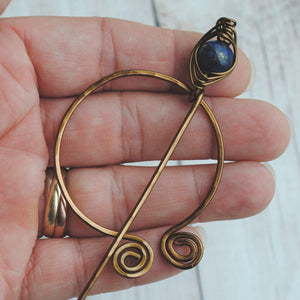 Shawl Pin, Lapis Lazuli Penannular Pin in Silver or Vintage Bronze - Crafty Flutterby Creations