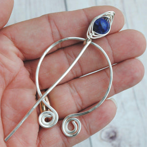 Shawl Pin, Lapis Lazuli Penannular Pin in Silver or Vintage Bronze - Crafty Flutterby Creations