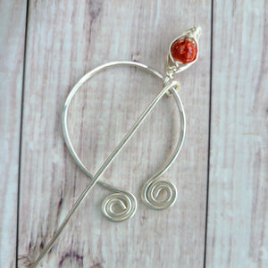 Orange Penannular Shawl Pin in Silver-Shawl Pin-Crafty Flutterby Creations