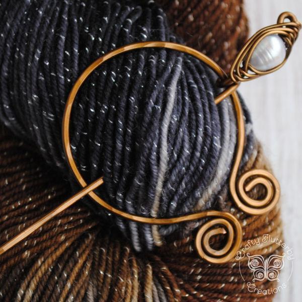 Shawl Pin, Penannular Pin Freshwater Pearl  in Silver or Vintage Bronze - Crafty Flutterby Creations