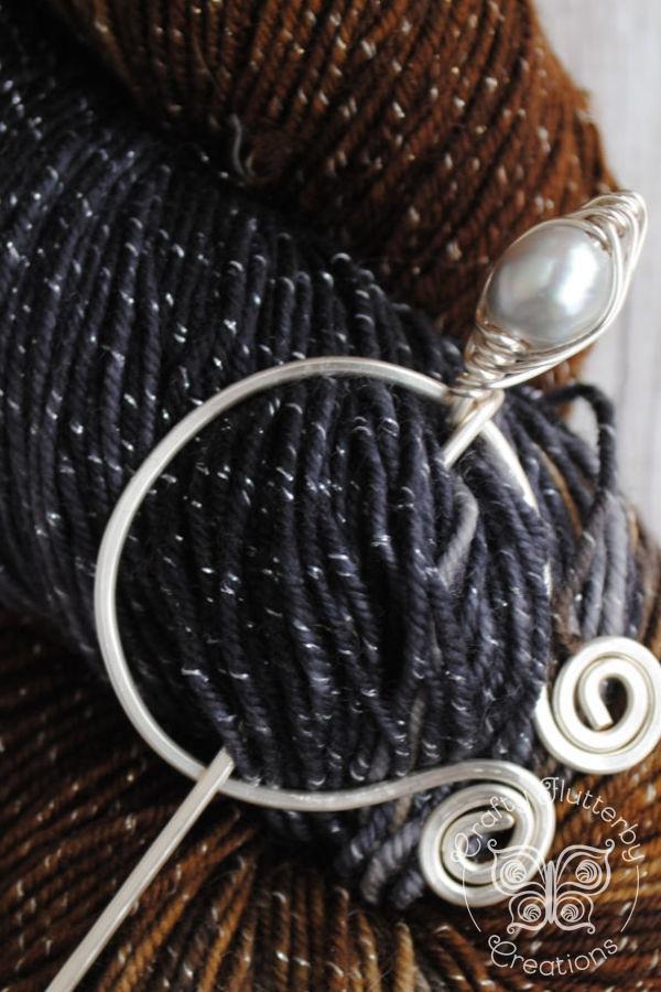 Shawl Pin, Penannular Pin Freshwater Pearl  in Silver or Vintage Bronze - Crafty Flutterby Creations