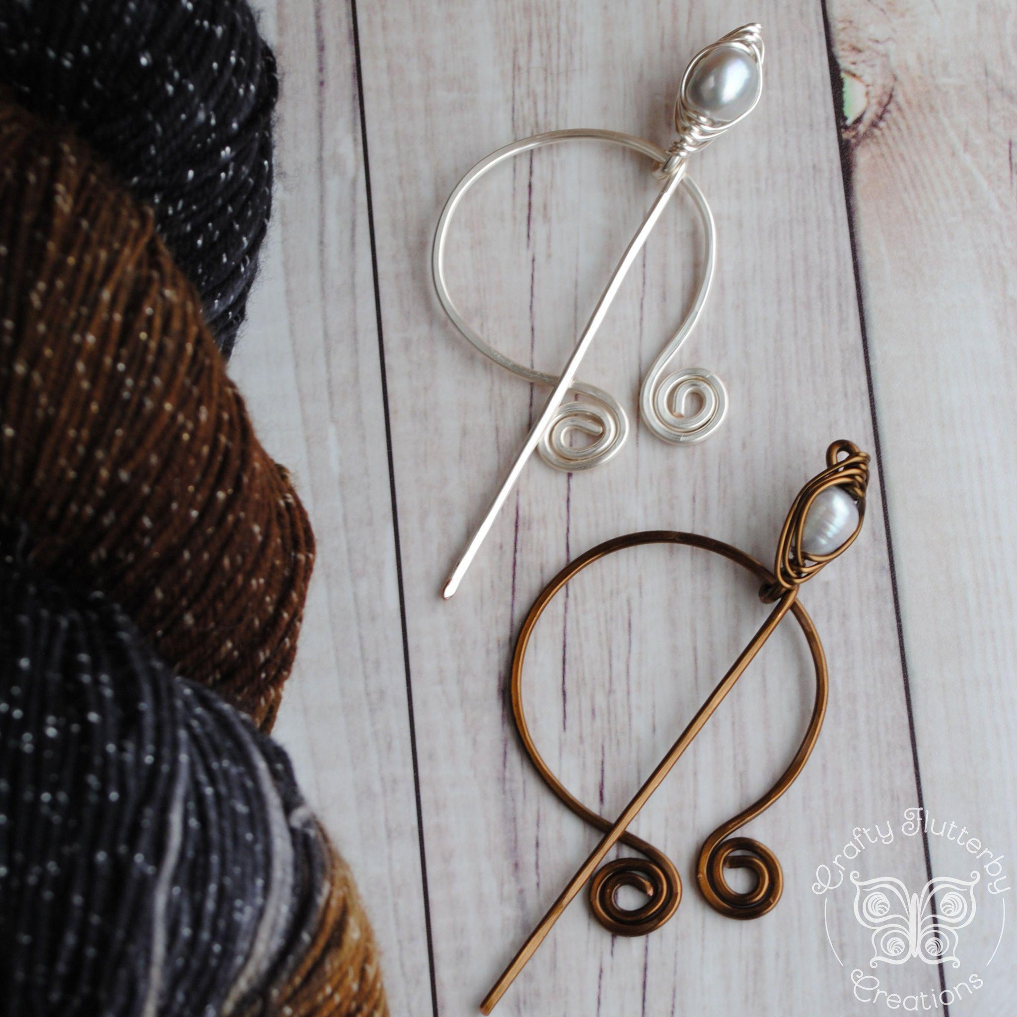 Shawl Pin, Penannular Pin Freshwater Pearl  in Silver or Vintage Bronze - Crafty Flutterby Creations