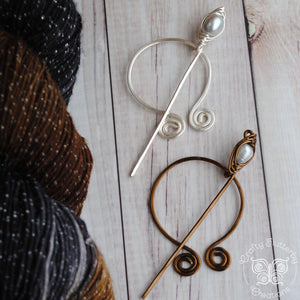 Shawl Pin, Penannular Pin Freshwater Pearl  in Silver or Vintage Bronze - Crafty Flutterby Creations