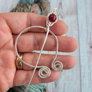 Red Penannular Shawl Pin in Silver-Shawl Pin-Crafty Flutterby Creations