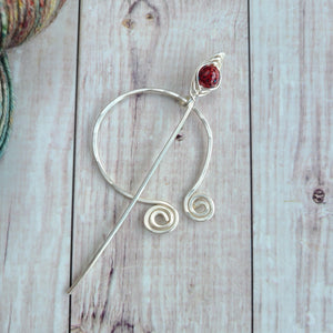 Red Penannular Shawl Pin in Silver-Shawl Pin-Crafty Flutterby Creations